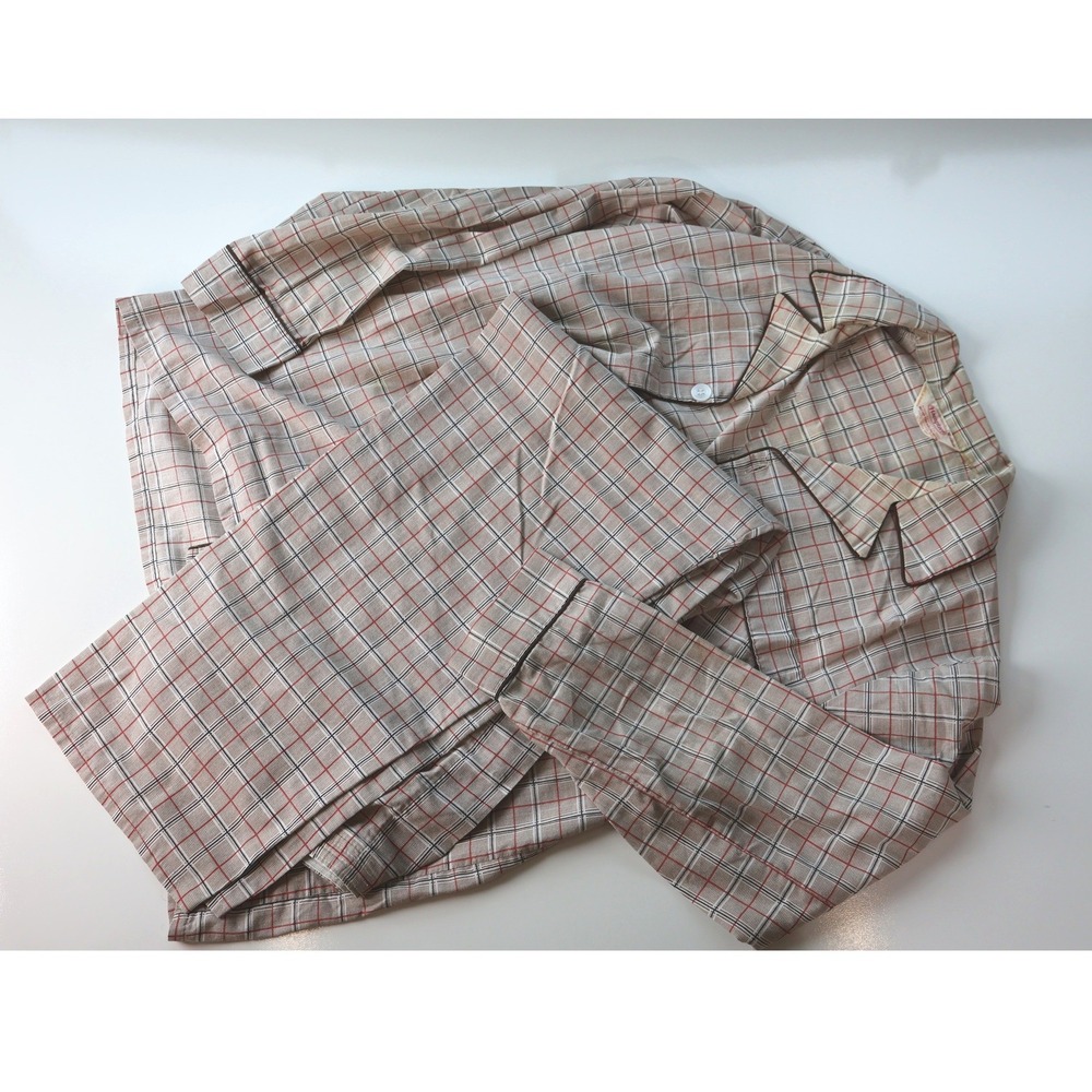 Vintage Hampton Pajama Set Men's Medium Tan Plaid 2-Piece Button-Up Top & Pants